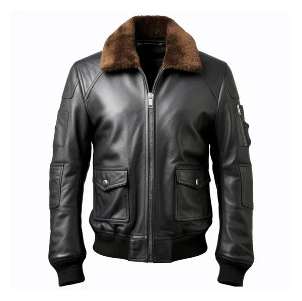 Men's B3 Pilot Faux Shearling Bomber Black Leather Jacket image 0