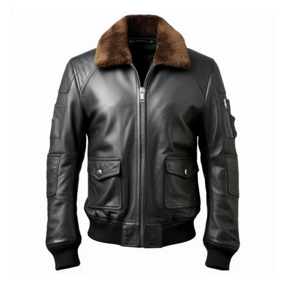 Men's B3 Pilot Faux Shearling Bomber Black Leather Jacket image 0