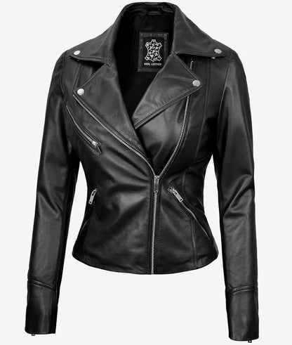 Rita Women's Black Asymmetrical Leather Biker Jacket image 0