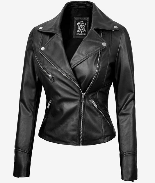 Rita Women's Black Asymmetrical Leather Biker Jacket image 0