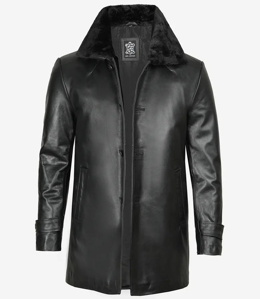 Men's Premium Black Leather Jacket with Shearling Collar image 0