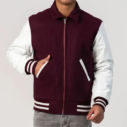 Men's Maroon & White Wool Varsity Jacket image 0
