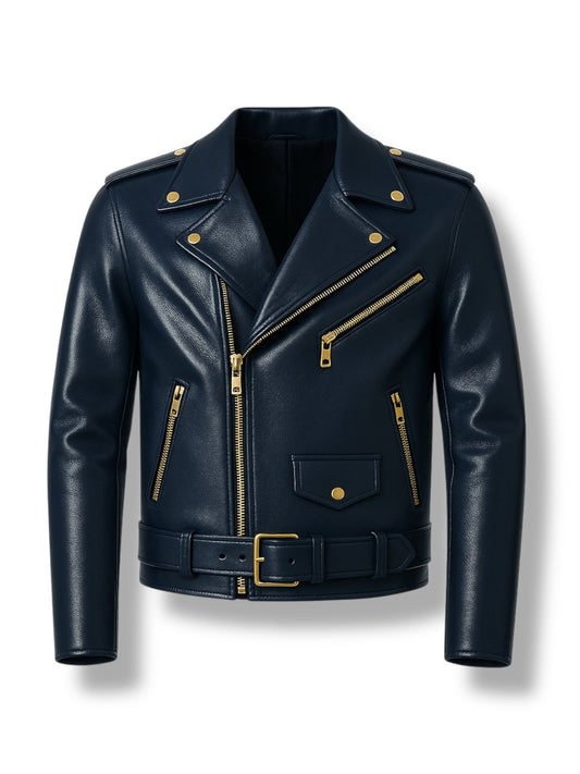 NAVYON – Blue Biker Leather Jacket for Men