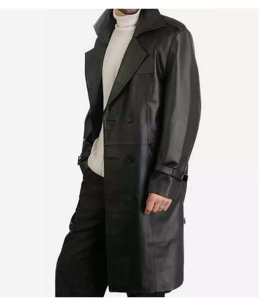 Men's Double-Breasted Premium Black Lambskin Leather Coat image 0