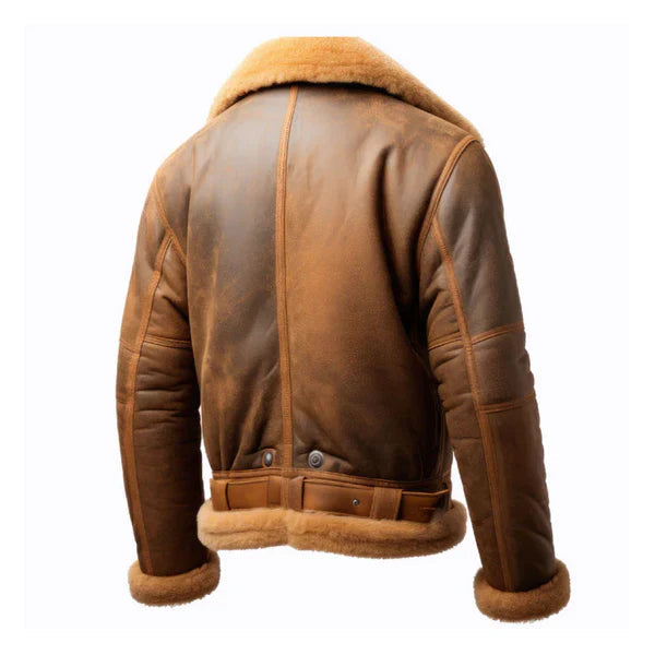 Men's B3 Brown Zipper Pockets Faux Shearling Leather Jacket image 1