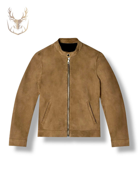 Caramel Brown Suede Bomber Jacket For Men.