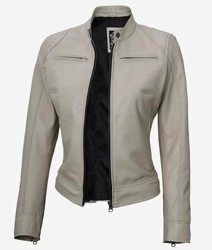 Dodge Women's Beige Cafe Racer Leather Jacket image 0