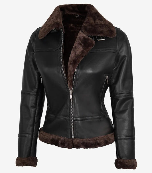 Women's Dark Brown B3 Shearling Bomber Leather Jacket image 0