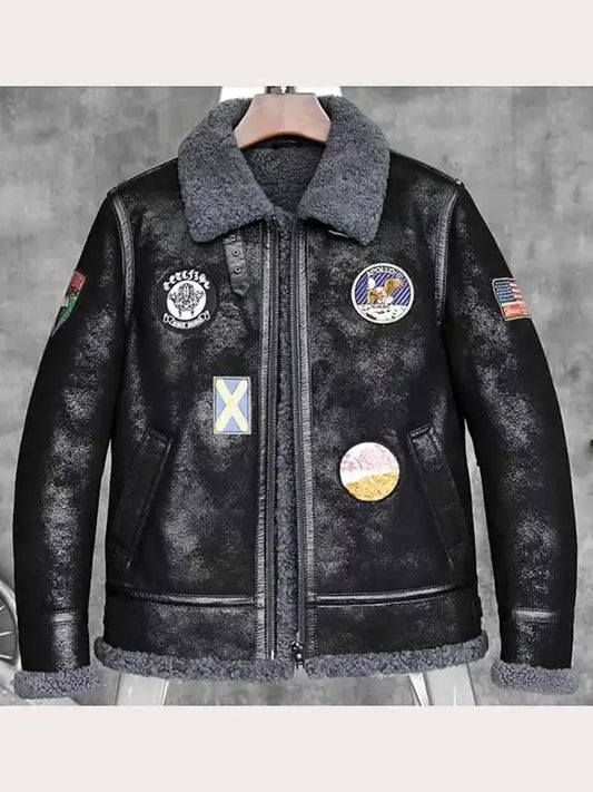 Mens Black Aviator Sheepskin Bomber Shearling Jacket image 0