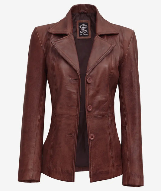 Women's Cognac Button Down Leather Blazer image 0