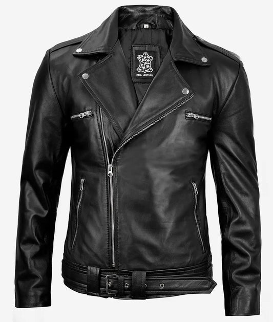 Men's  Negan Black Asymmetrical Moto Leather Jacket image 0
