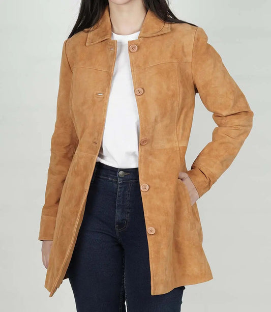 Women's Brown 3/4 Length Button Down Suede Coat image 0