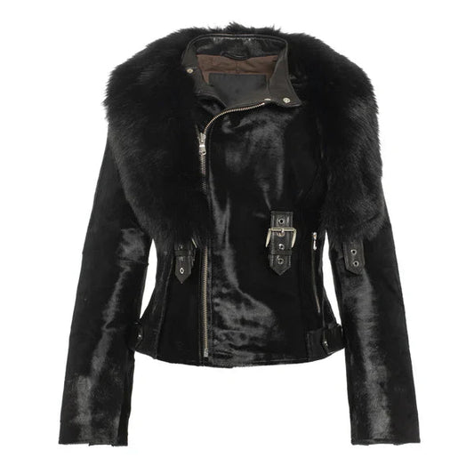 Women's Balck Tara Calf Shearling Fur Leather Jacket image 0