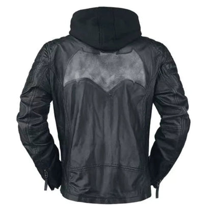 Batman Black Biker Genuine Leather Jacket with Removable Hoodie image 1