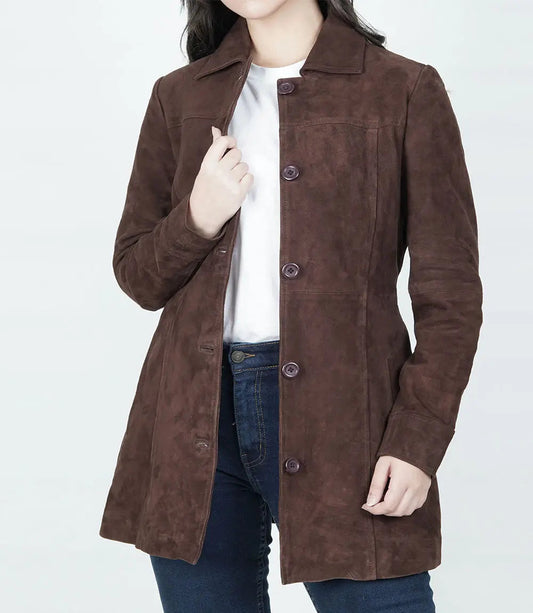 Women's Dark Brown Button Down Suede Coat image 0