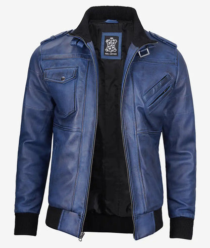 Men's Blue Wax Leather Bomber Jacket with Removable Hood image 1