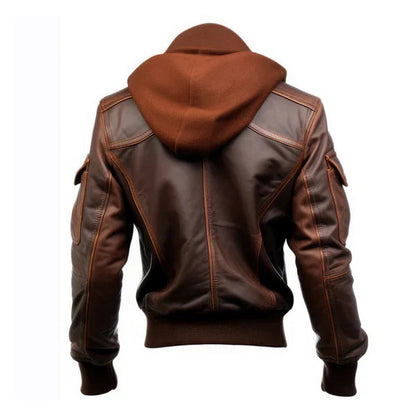 Men's Flight Lapel Hooded Faux Shearling Brown Leather Jacket image 1