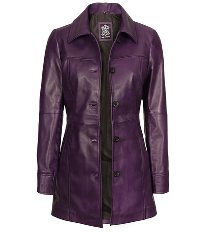 Women's Purple 3/4 Length Button Down Leather Coat image 1