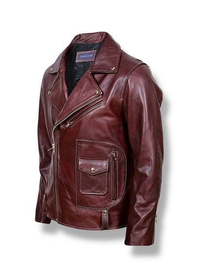Rouven maroon leather biker jacket for men – side view