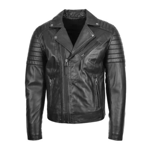 Men's Dual Zip Cross Black Biker Leather Jacket image 0