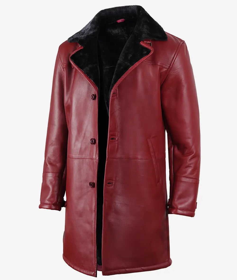 Men's Leather Maroon Coat with Black Shearling Fur image 1