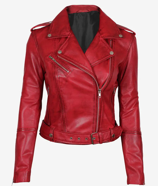 Women's Asymmetrical Belted Moto Red Leather Jacket image 0