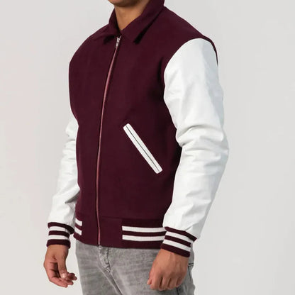 Men's Maroon & White Wool Varsity Jacket image 1