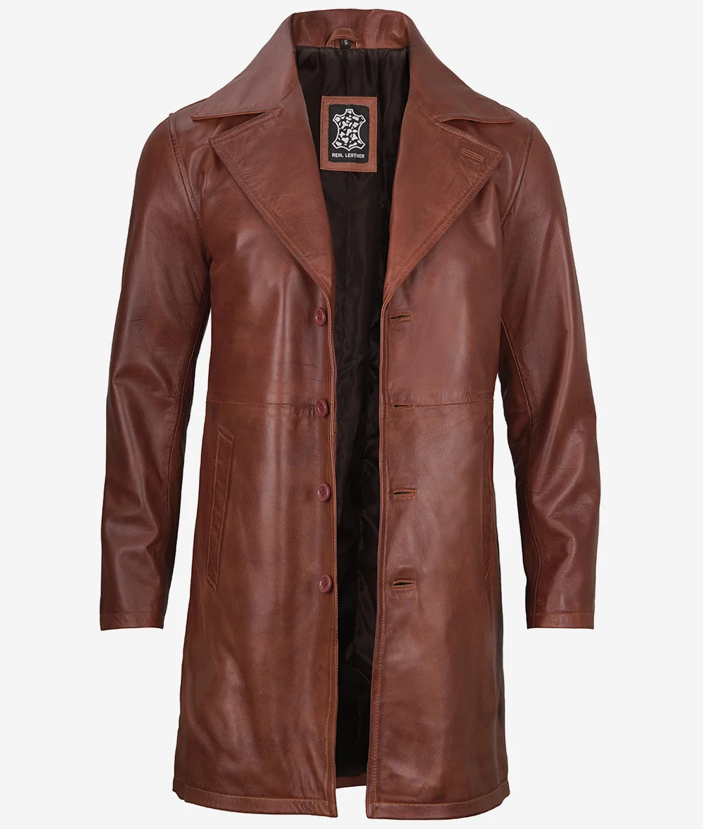 Men's Cognac 3/4 Length Real Leather Car Coat image 1