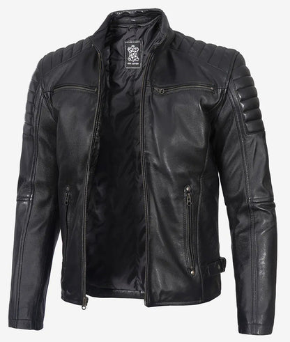 Men's Black Quilted Cafe Racer Leather Jacket image 0