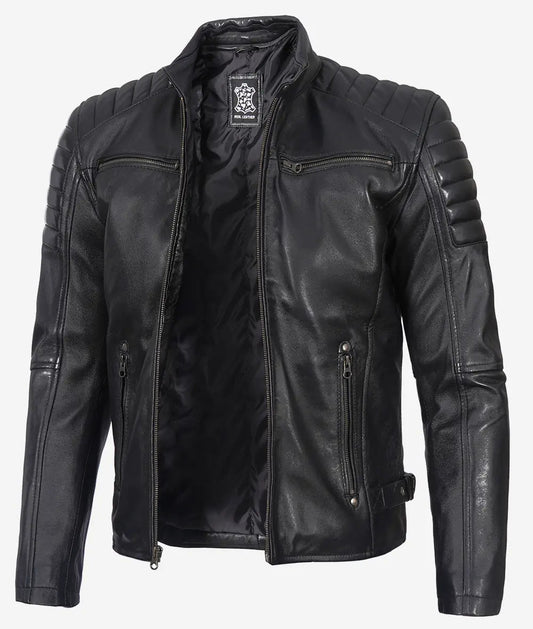 Men's Black Quilted Cafe Racer Leather Jacket image 0