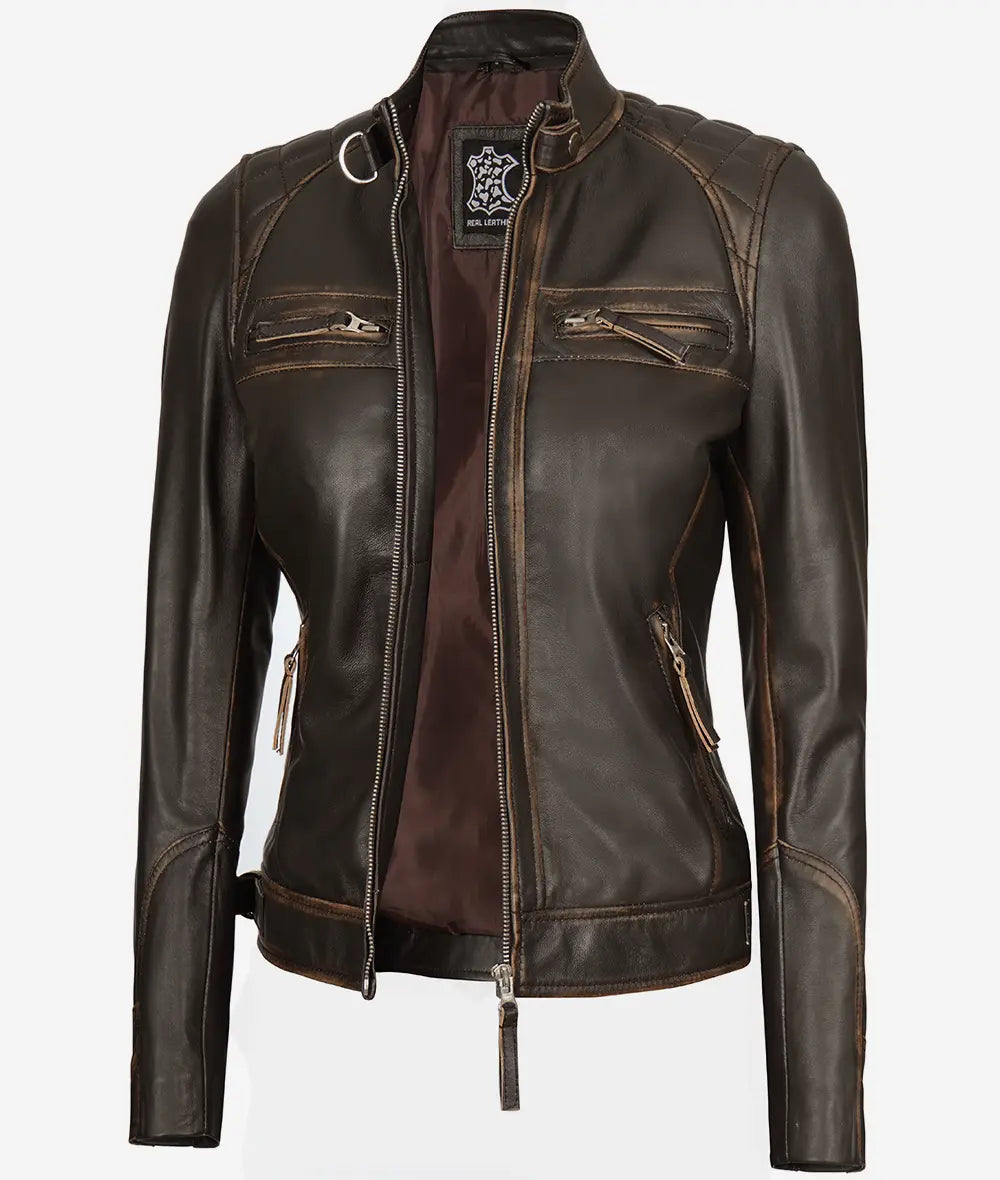 Women's Rub off Quilted Dark Brown Real Lambskin Moto Leather Jacket image 0