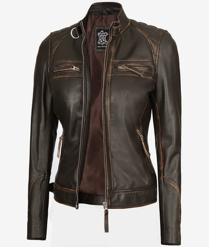 Women's Rub off Quilted Dark Brown Real Lambskin Moto Leather Jacket image 0
