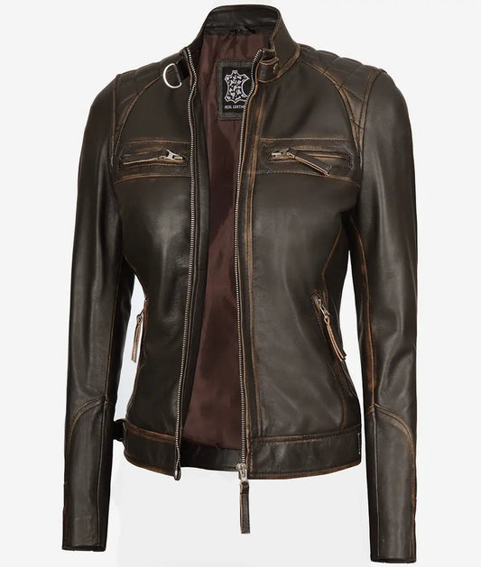 Women's Rub off Quilted Dark Brown Real Lambskin Moto Leather Jacket image 0