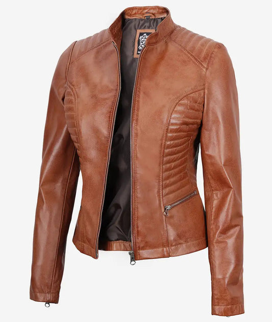 Women's Slim Fit Tan Brown Lambskin Leather Jacket image 0