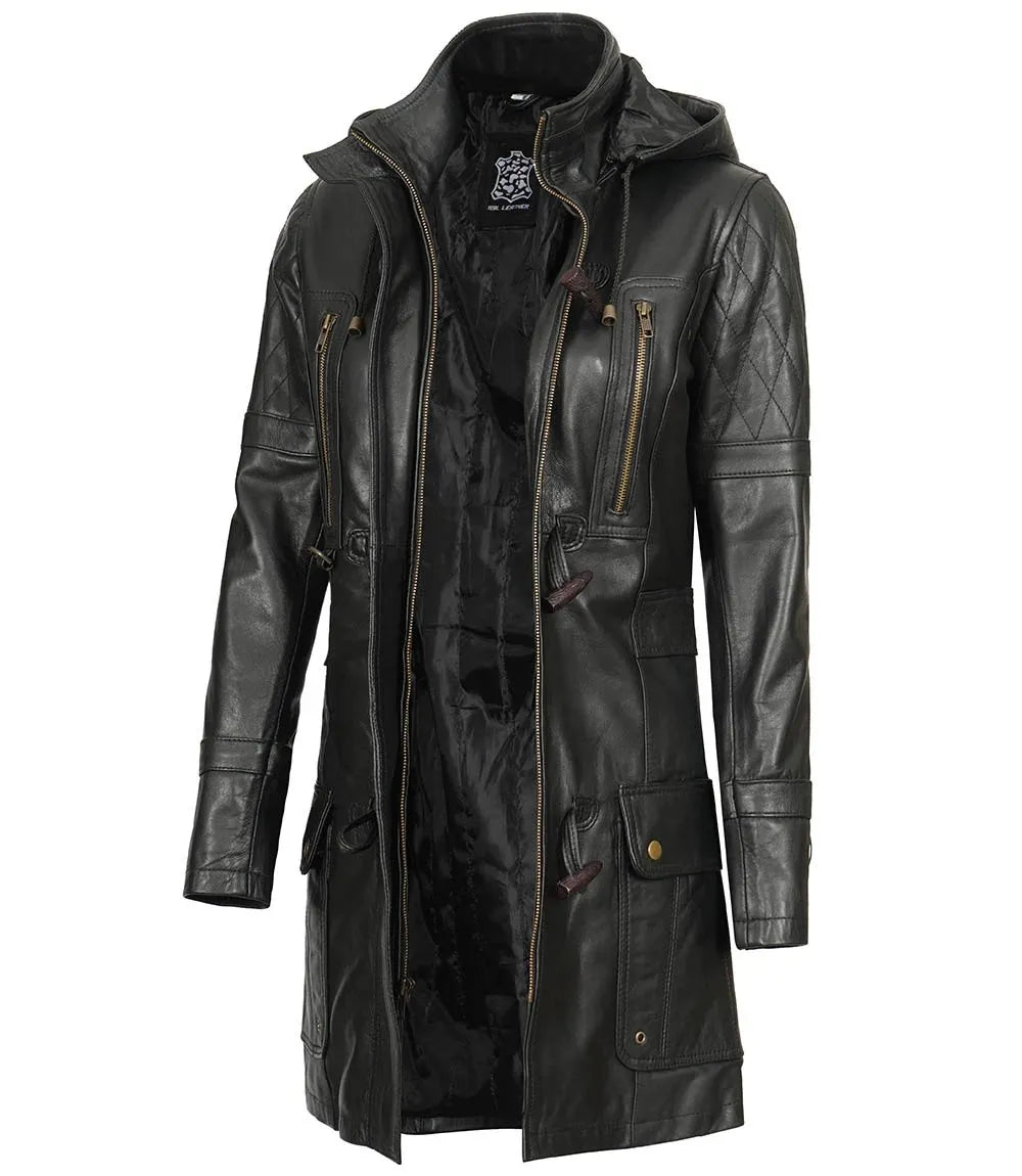Women's Black 3/4 Length Leather Hooded Coat image 0