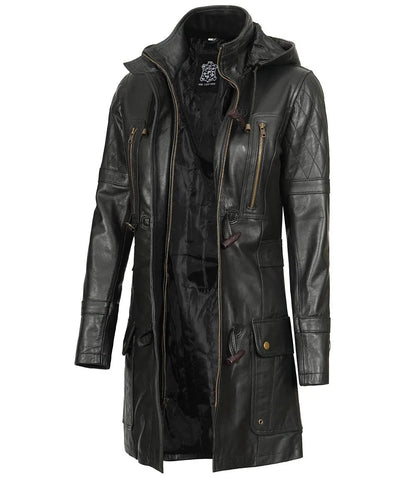 Women's Black 3/4 Length Leather Hooded Coat image 0