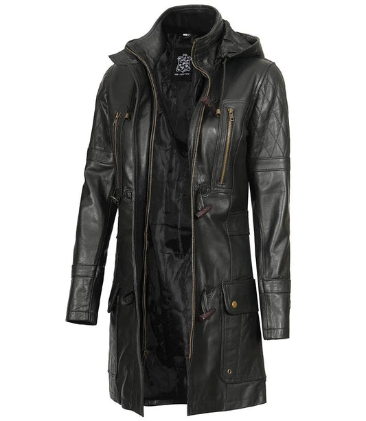Women's Black 3/4 Length Leather Hooded Coat image 0