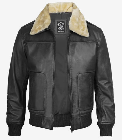 Men's Fur Collar Black Leather Bomber Jacket image 1