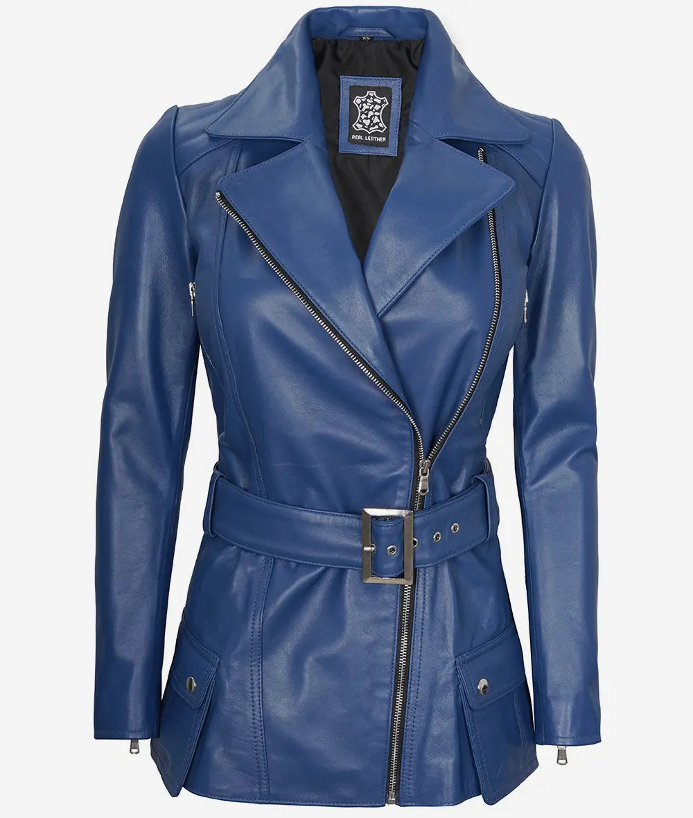 Women's Blue Asymmetrical Belted Moto Leather Jacket image 1