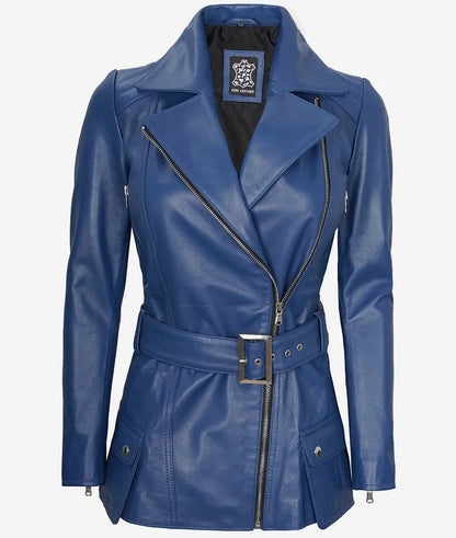 Women's Blue Asymmetrical Belted Moto Leather Jacket image 1