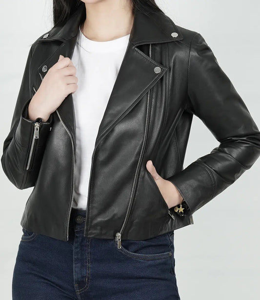 Women's Black Relaxed Fit Real Lambskin Leather Moto Jacket image 0