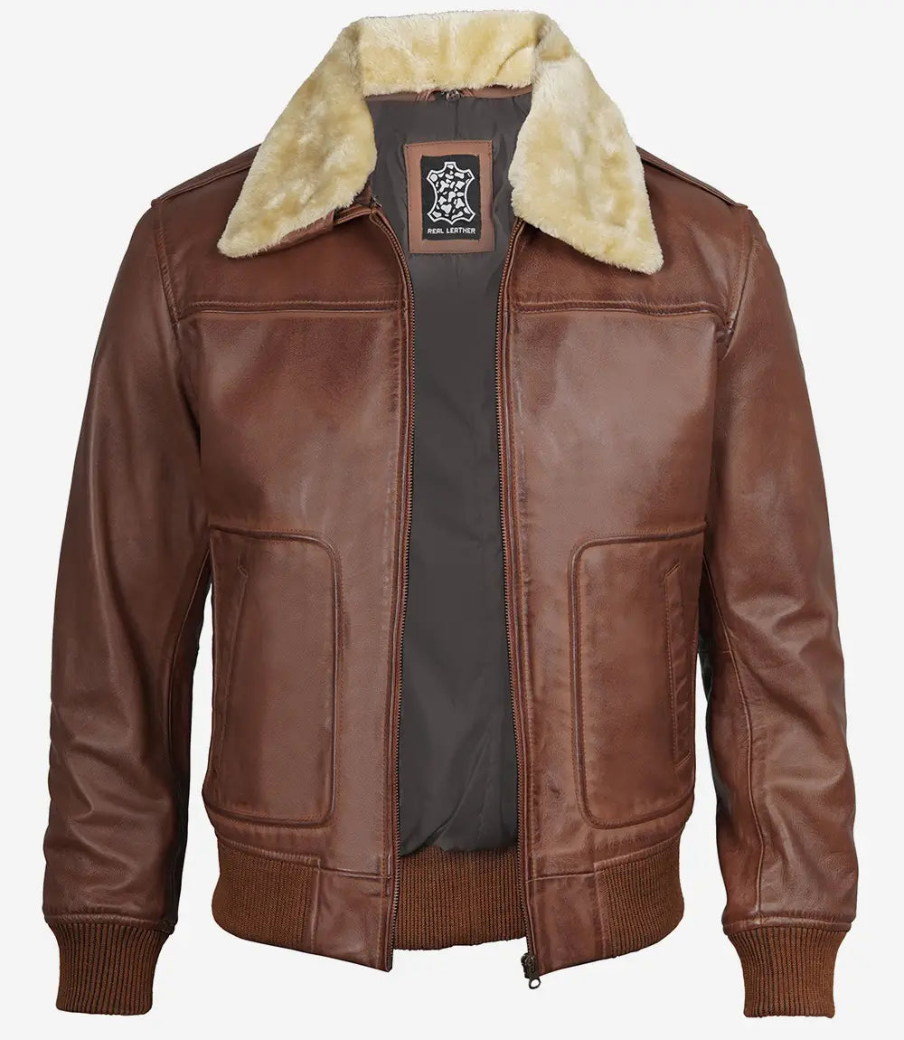 Men's Fur Collar Cognac Leather Bomber Jacket image 1