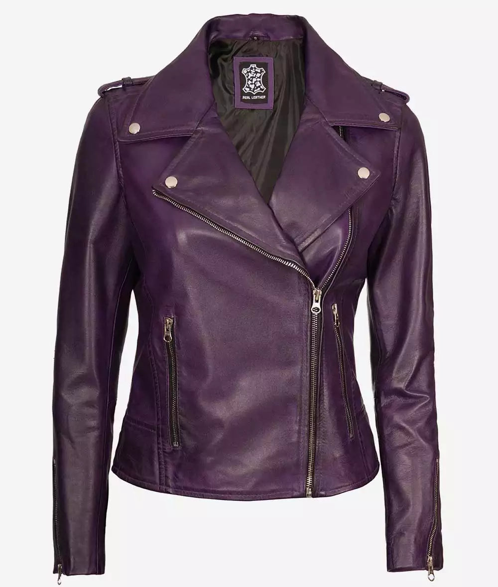 Women's Asymmetrical Purple Lambskin Motorcycle Jacket image 0