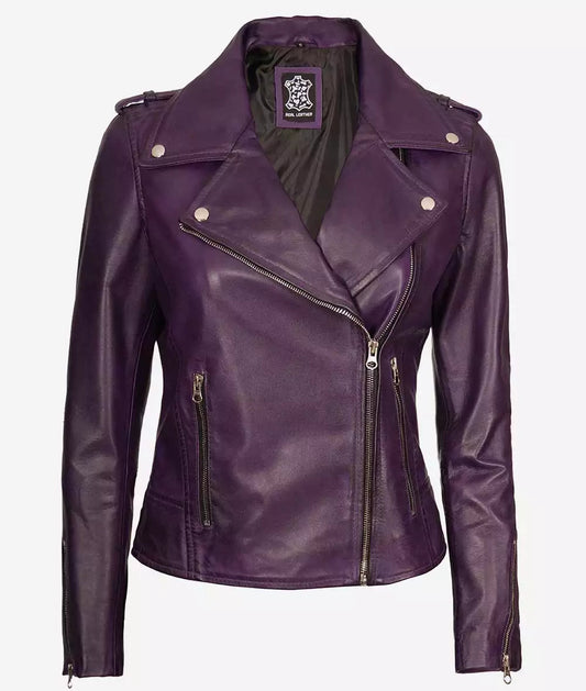 Women's Asymmetrical Purple Lambskin Motorcycle Jacket image 0