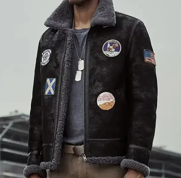 Mens Black Aviator Sheepskin Bomber Shearling Jacket image 1