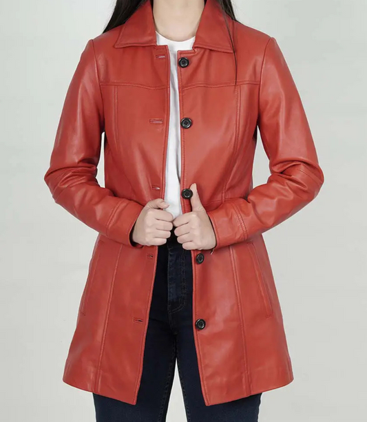 Women's Red Real Leather Coat image 0