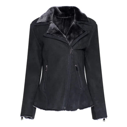 Women's Black Shearling Straight Moto Leather Jacket image 0