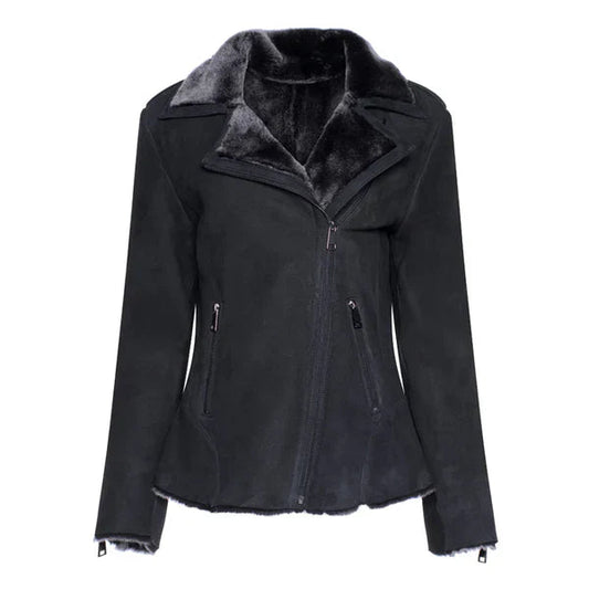Women's Black Shearling Straight Moto Leather Jacket image 0