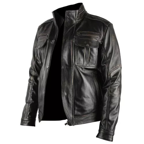 Men's Infinity Distressed Black Genuine Real Leather Jacket image 1