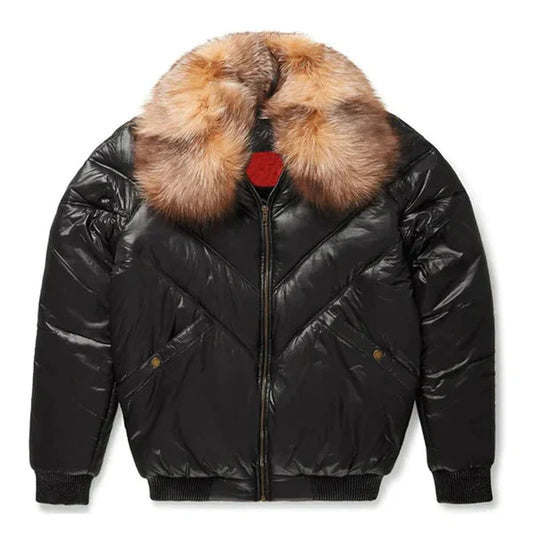 Men's V-Bomber Bubble Faux Shearling Black Leather Jacket image 0